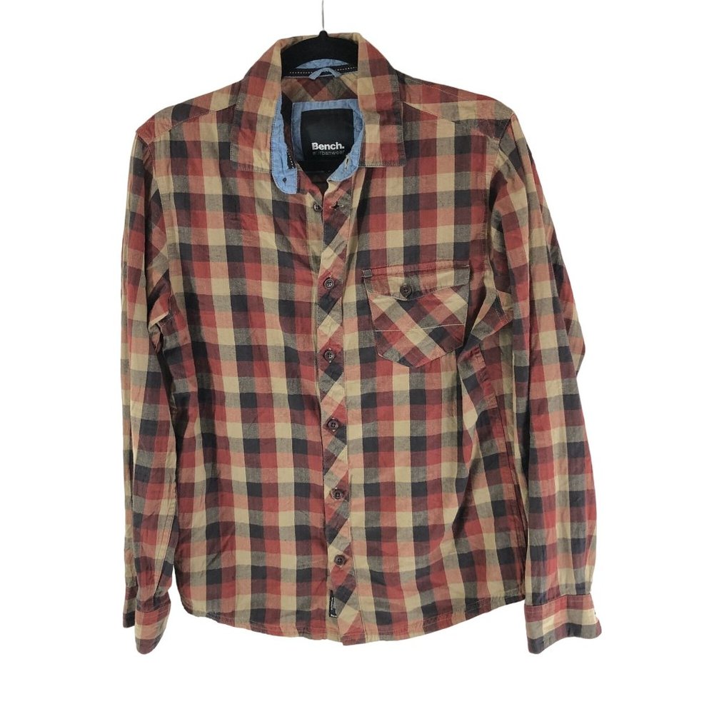 Bench Urbanwear Mens Flannel Shirt Cotton Button Down Pocket Plaid Brown S